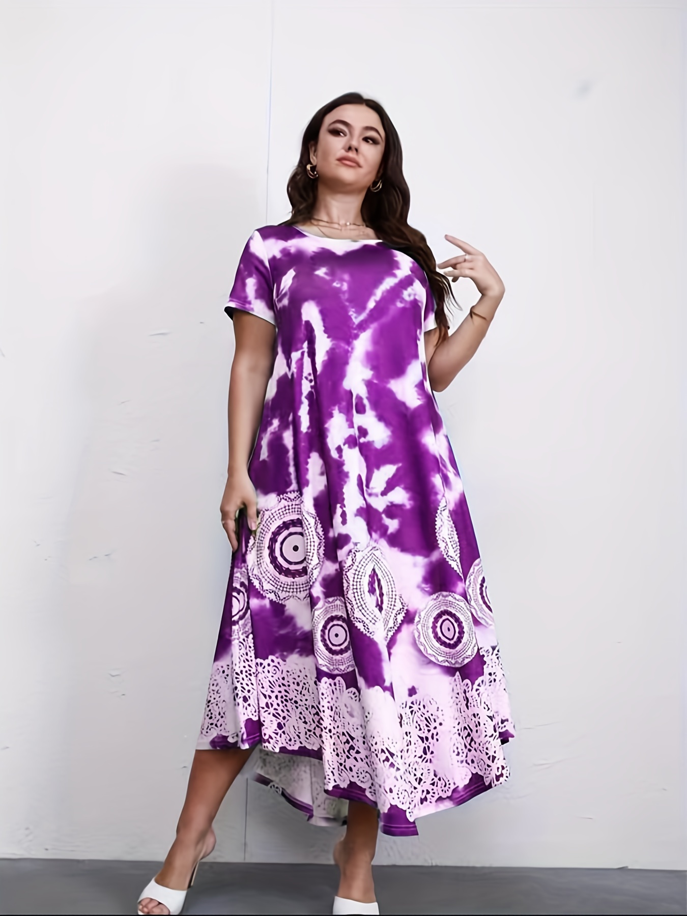 Women s Plus Size Elegant Flared Dress Summer Tie Dye Crew Temu United Kingdom