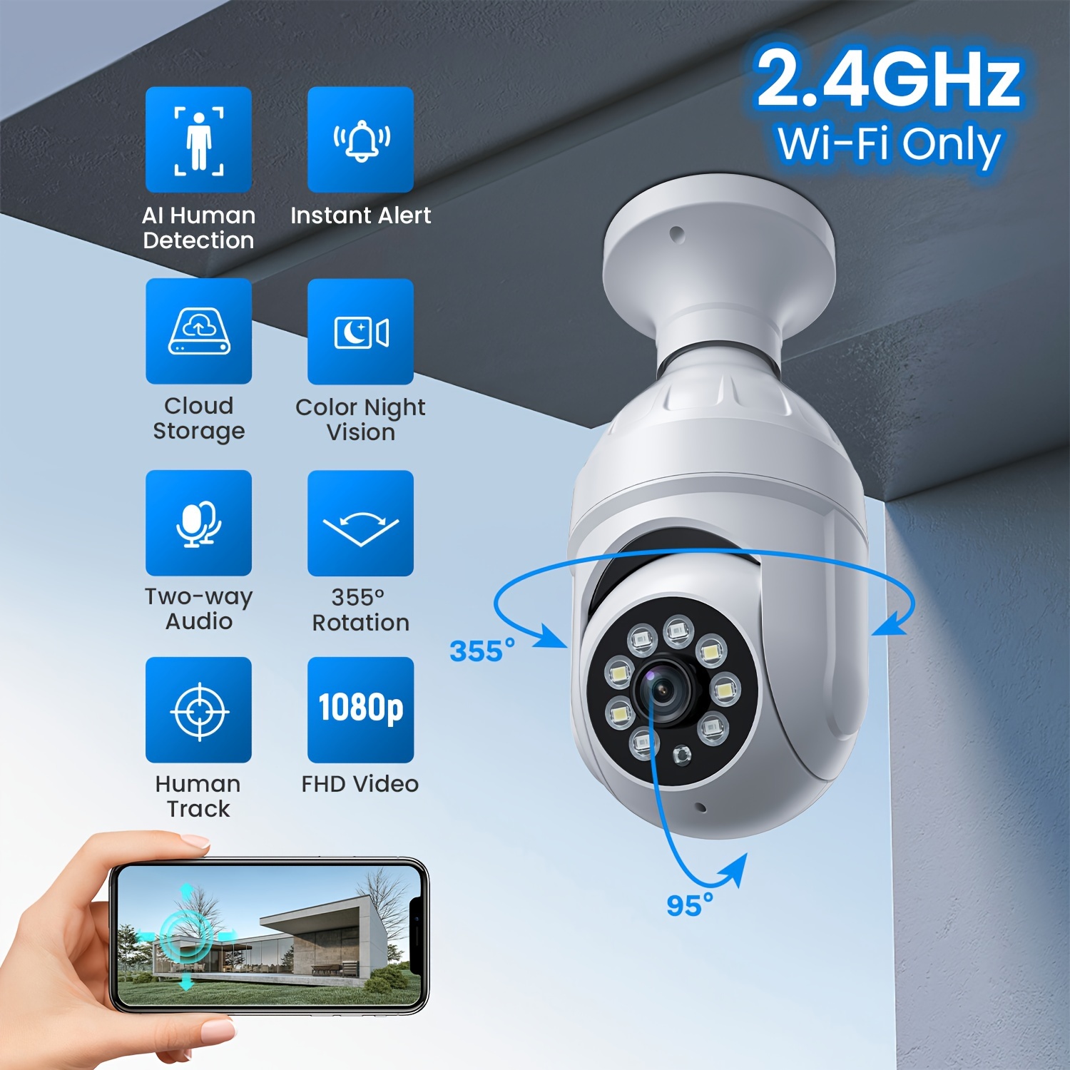 1080p Light Bulb Wireless Security Camera, 355° Panoramic Dome Cam, Live  View, AI Human Detection, 2-Way Audio, Color Night Vision, Cloud Storage,  Spo