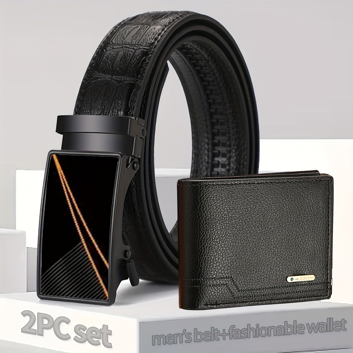

2pcs Men's Pu Leather Belt + Wallet Set, Automatic Buckle Belt, For Boyfriend Dad Brother, Halloween Birthday Gift, Business Fashion Pants Belt (length Can Be Cut)