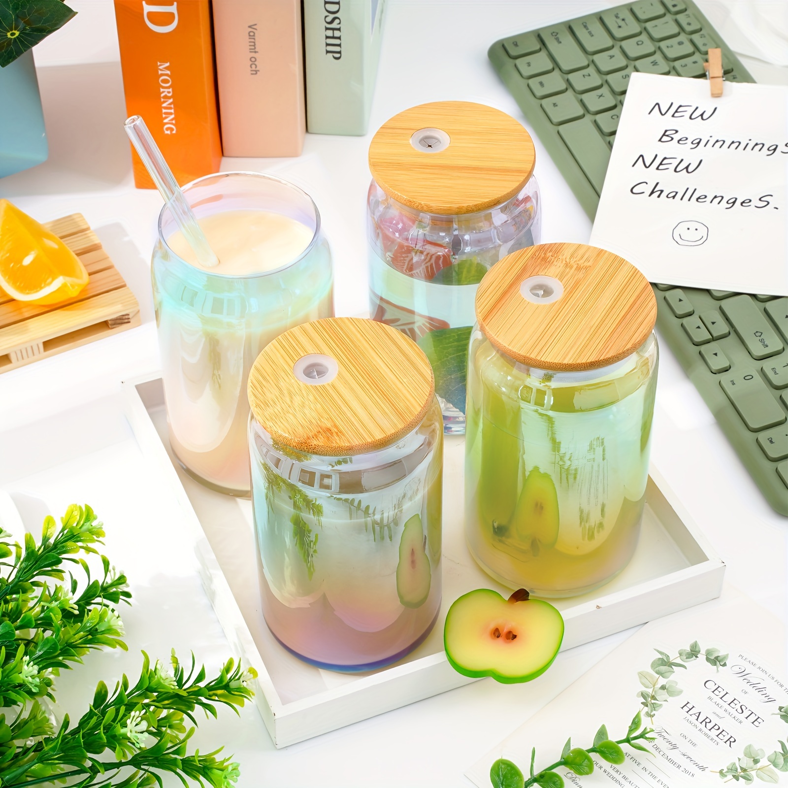 Iridescent Drinking Glasses With Bamboo Lids And Straws Can - Temu