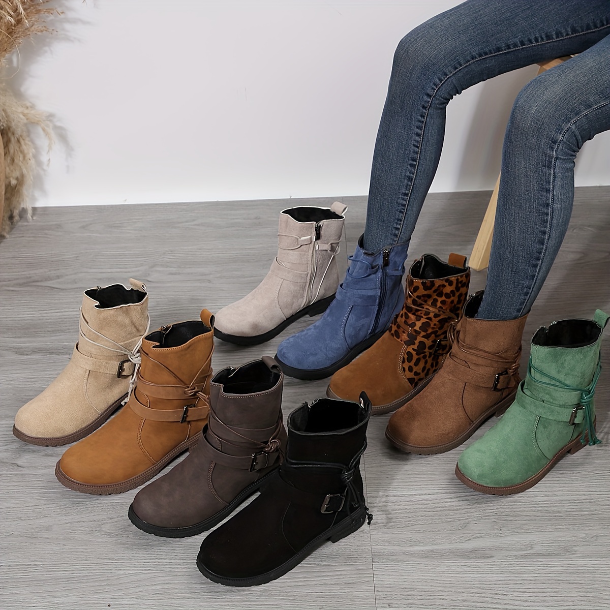 

Women's Buckle Strap Decor Boots, Fashion Round Toe Solid Color Lace Up Side Zipper Platform Boots, Versatile & Comfortable Shoes
