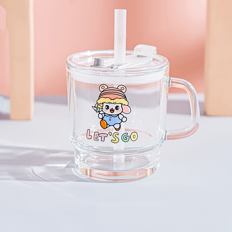 Cartoon Glass Cup With Lid And Straw Cute Kawaii Clear Water - Temu