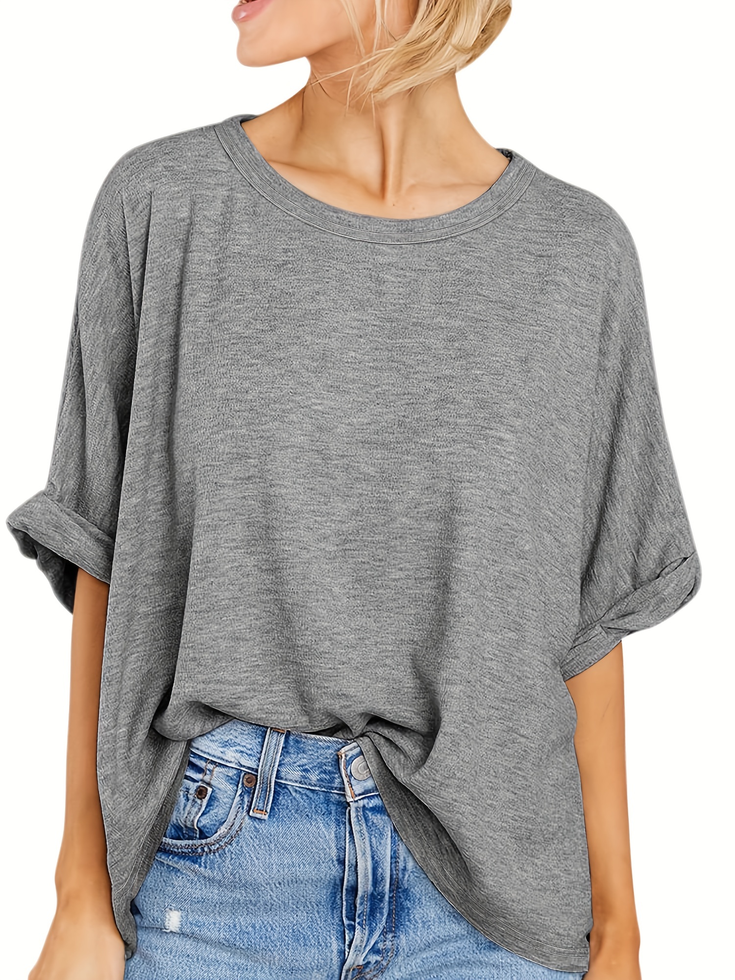 Simple Rolled Short Sleeve Blouse Casual Crew Neck Solid - Temu