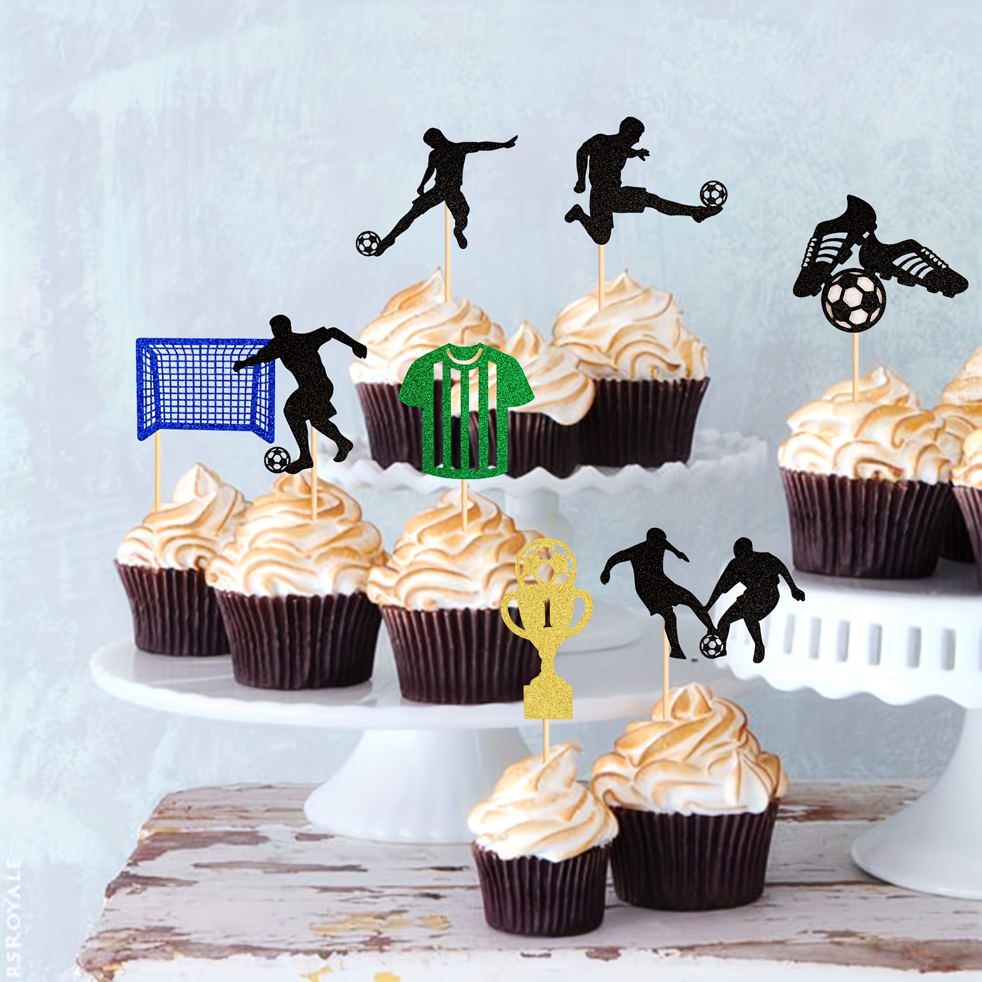 24 pièces football cupcake topper, déco anniversaire foot, déco gâteau foot  pour déco fête anniversaire foot enfants, déco gâteau anniversaire garçon