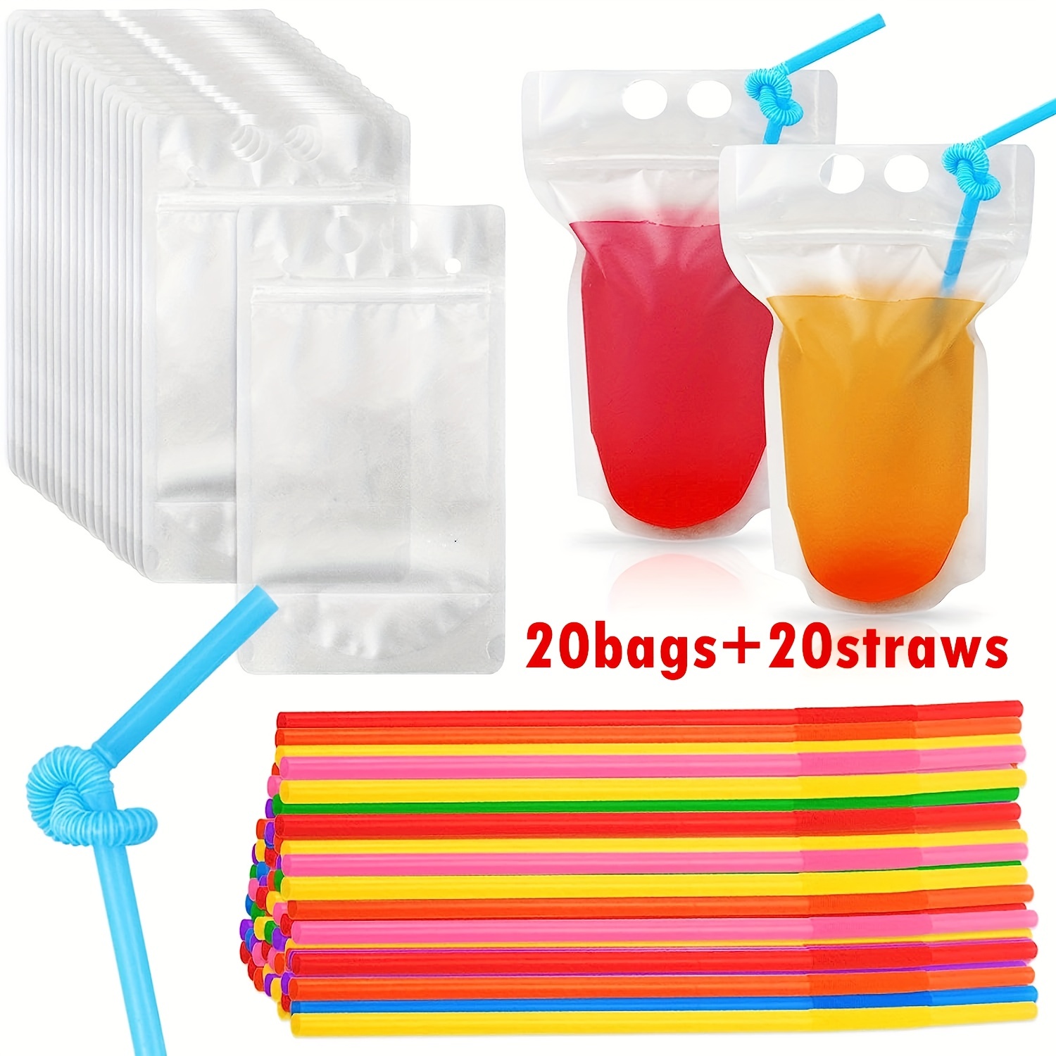 20 bolsas de bebidas de cumpleaños para adultos con pajilla, resistentes y  translúcidas con cierre de cremallera, bolsas de plástico para fiestas de