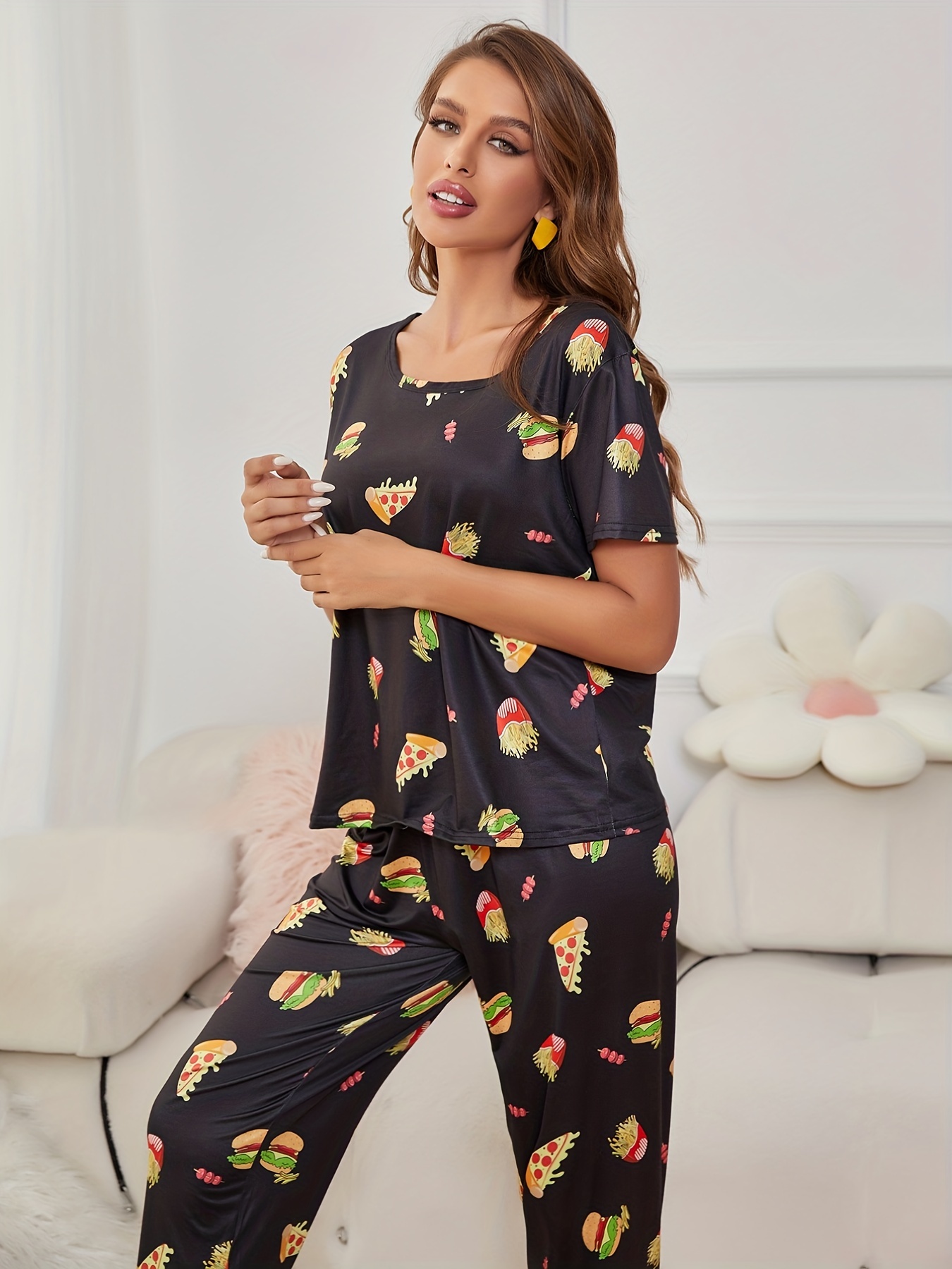 Cartoon Cake & Drink Print Pajama Set, Cute & Comfy Short Sleeve Top & Cozy  Long Pants, Women's Loungewear & Sleepwear