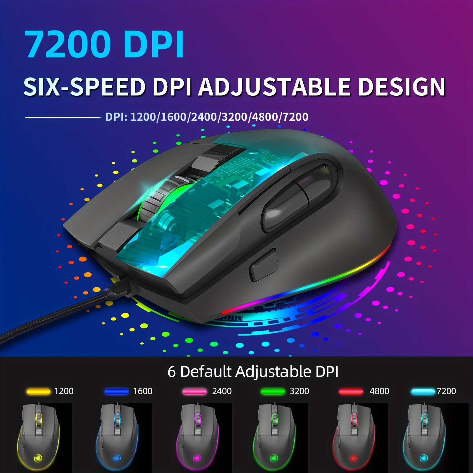 Mouse De Juego Ergonomico Led Rgb Raton Usb 7200dpi Negro Gamer