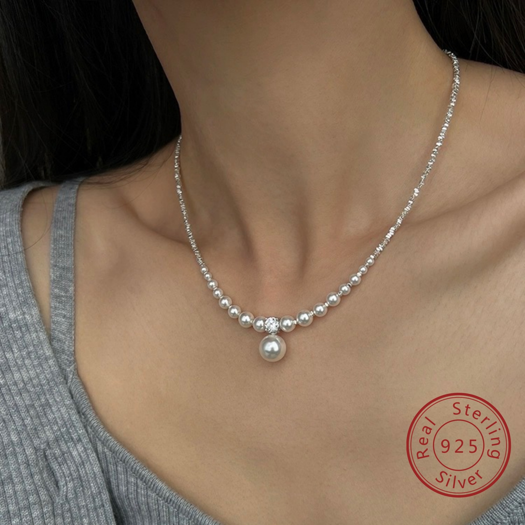Women's 925 Sterling Silver Zirconia Shell Pearl Necklace