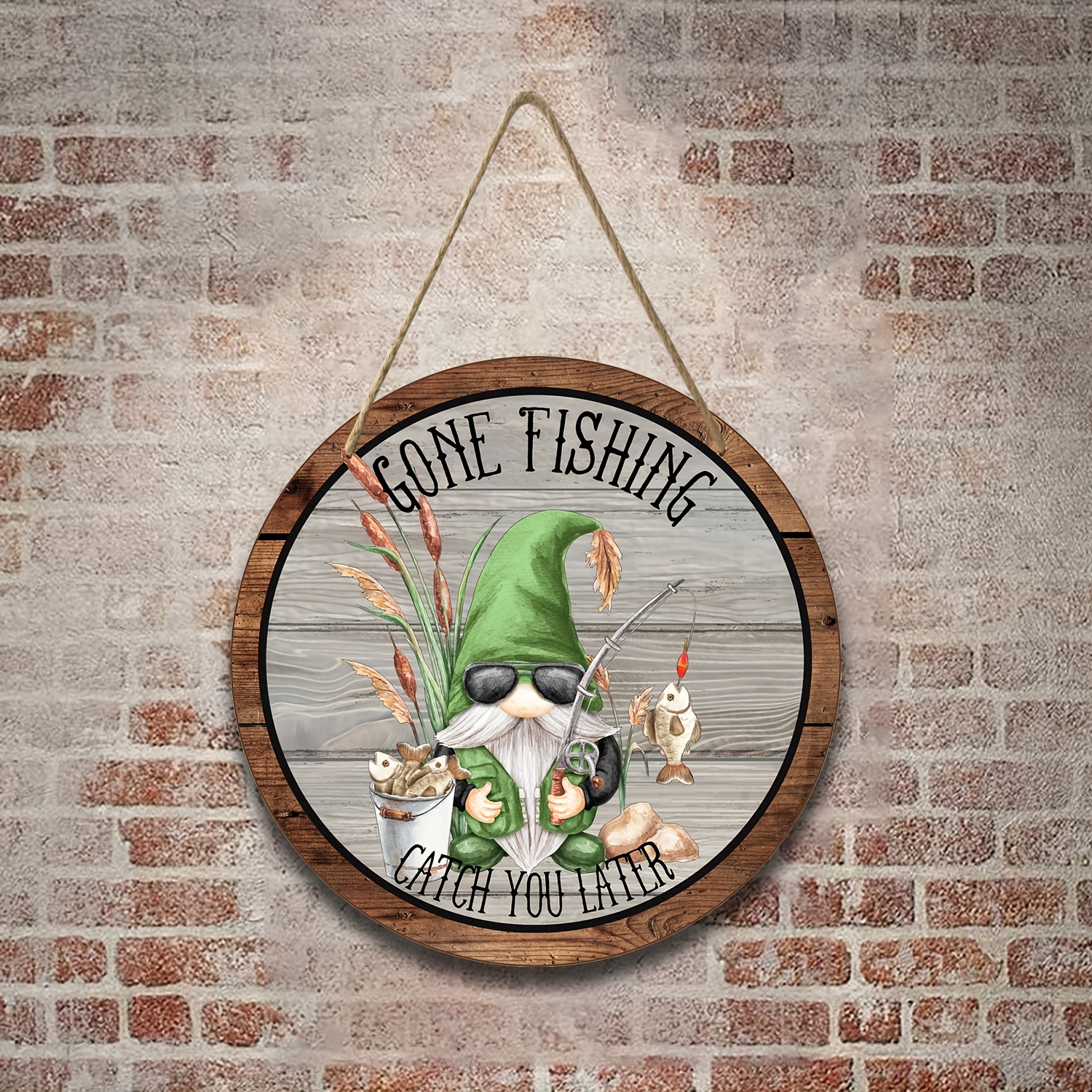 1pc, Gone Fishing Catch You Later Sign, Gnome Sign, Man Cave BDecor, Round  Wooden Wreath Sign, Craft Embellishment,Wooden Sign, (8x8inch 20CMx20CM)
