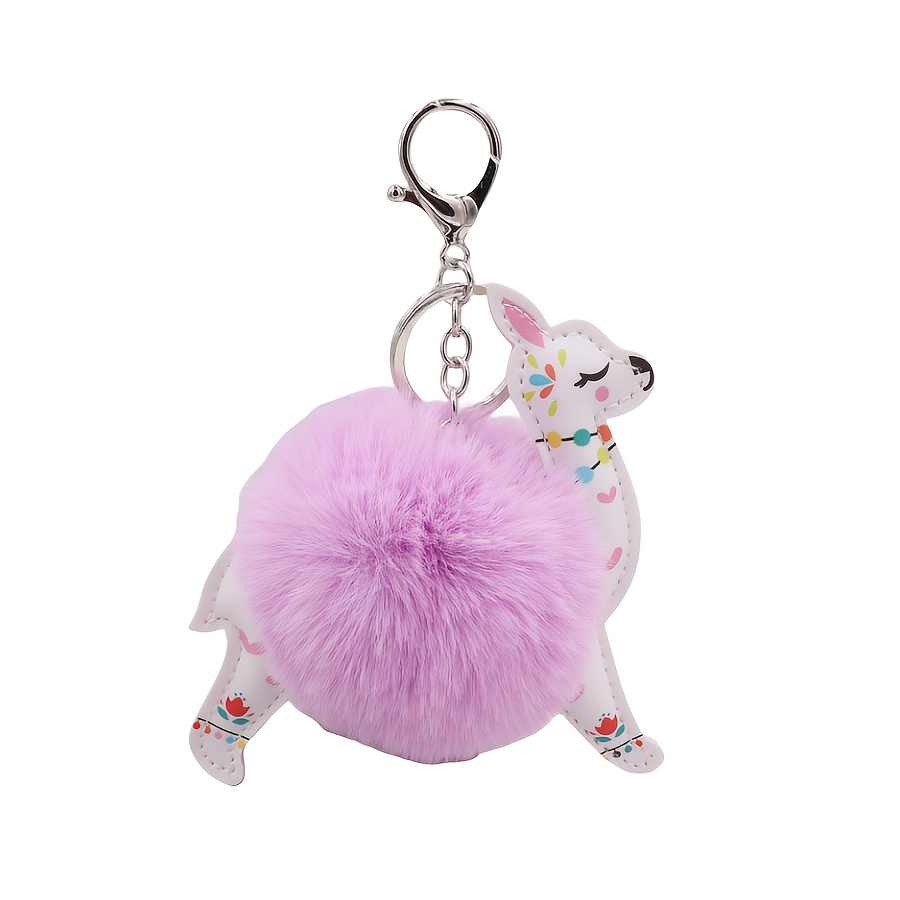 Pom Pom Keychain with Lanyard Plush Ball Key Ring Car Pendant Bag Charm  Cute Pink Unicorn