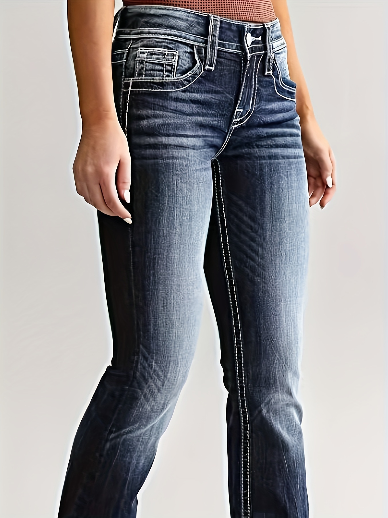 Double Button Fashion Bootcut Jeans, Flap Pockets *-Stretch Denim Pants,  Women's Denim Jeans & Clothing