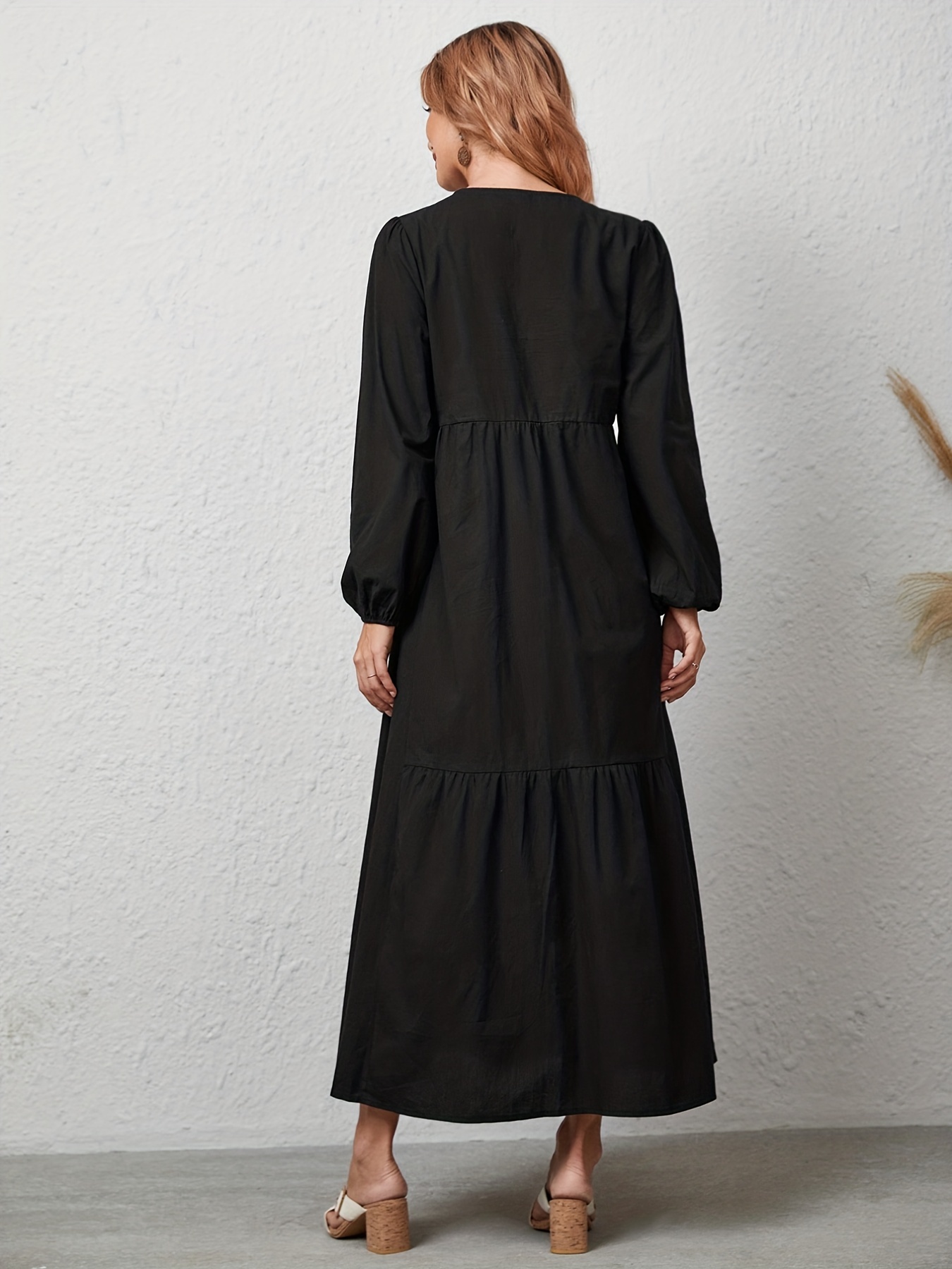 tiered lantern sleeve dress casual v neck solid maxi dress womens clothing