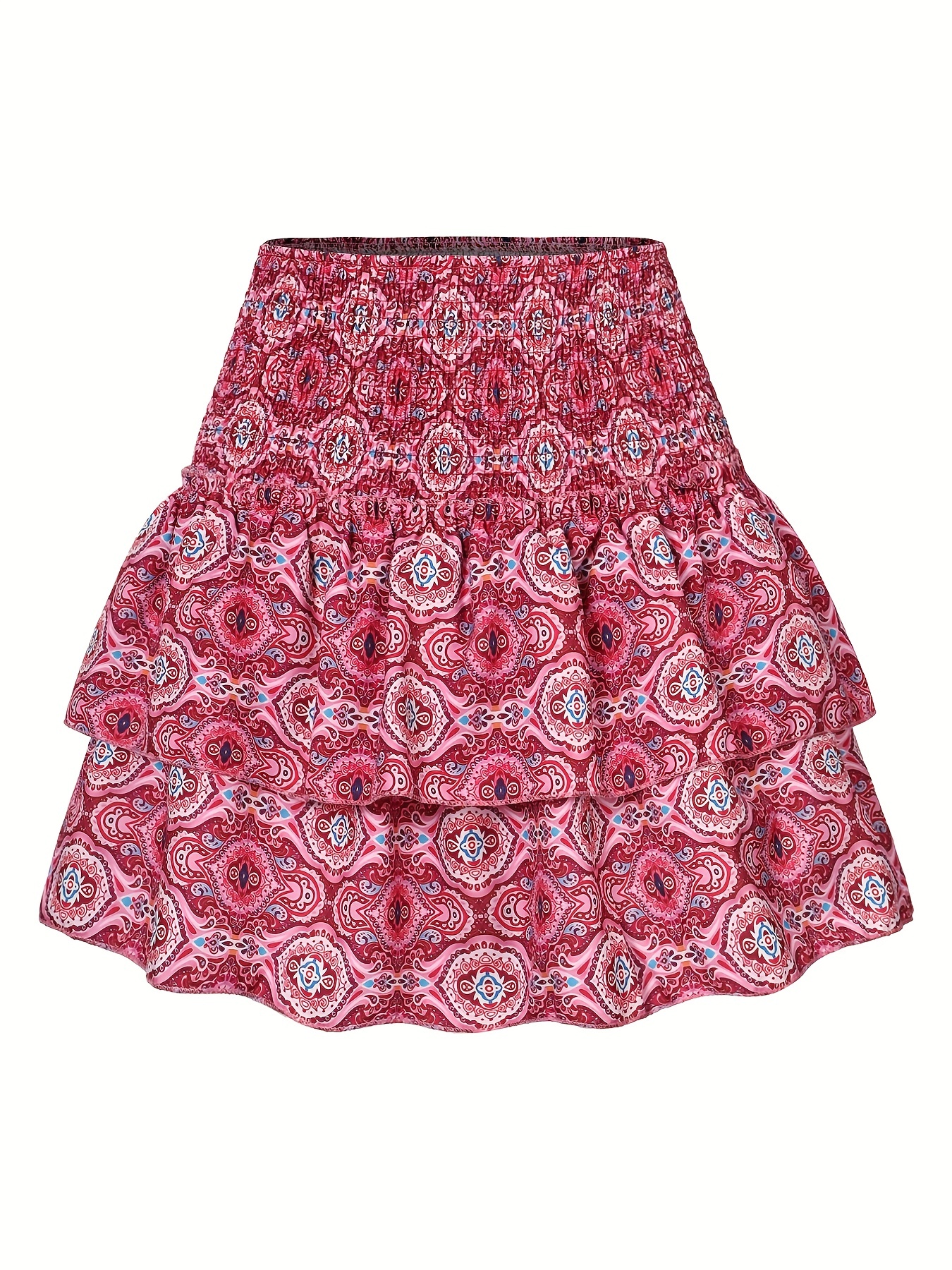 allover print shirred waist skirt casual beach wear layered hem skirt for spring summer womens clothing the color of rouge 1