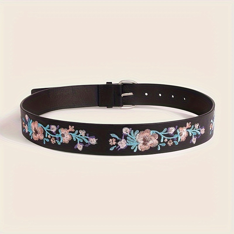 Floral Flower Watchband Embroidery Faux Pu Leather Silver Buckle 7 6 5