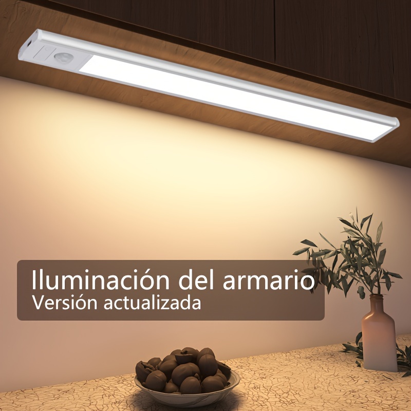 Luz LED para armario, Sensor de movimiento, luz para gabinete con control  remoto, 3 colores regulables debajo de la luz del mostrador, recargable