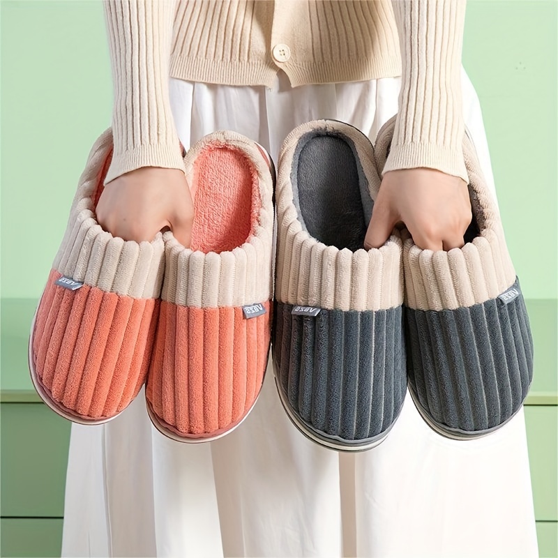 

Colorblock Fuzzy Home Warm Slippers, Slip On Soft Sole Platform Non-slip Shoes, Winter Plush Cozy Slides Shoes