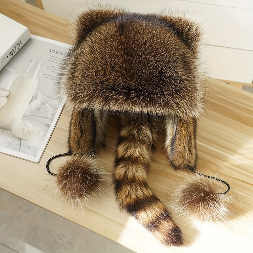 Brown Faux Fur Raccoon Bomber Hat Classic Animal Style Ear Flap Hats With Tail Trendy Pompom Pendant Fluffy Trapper Hat For Women Girls Autumn & Winter