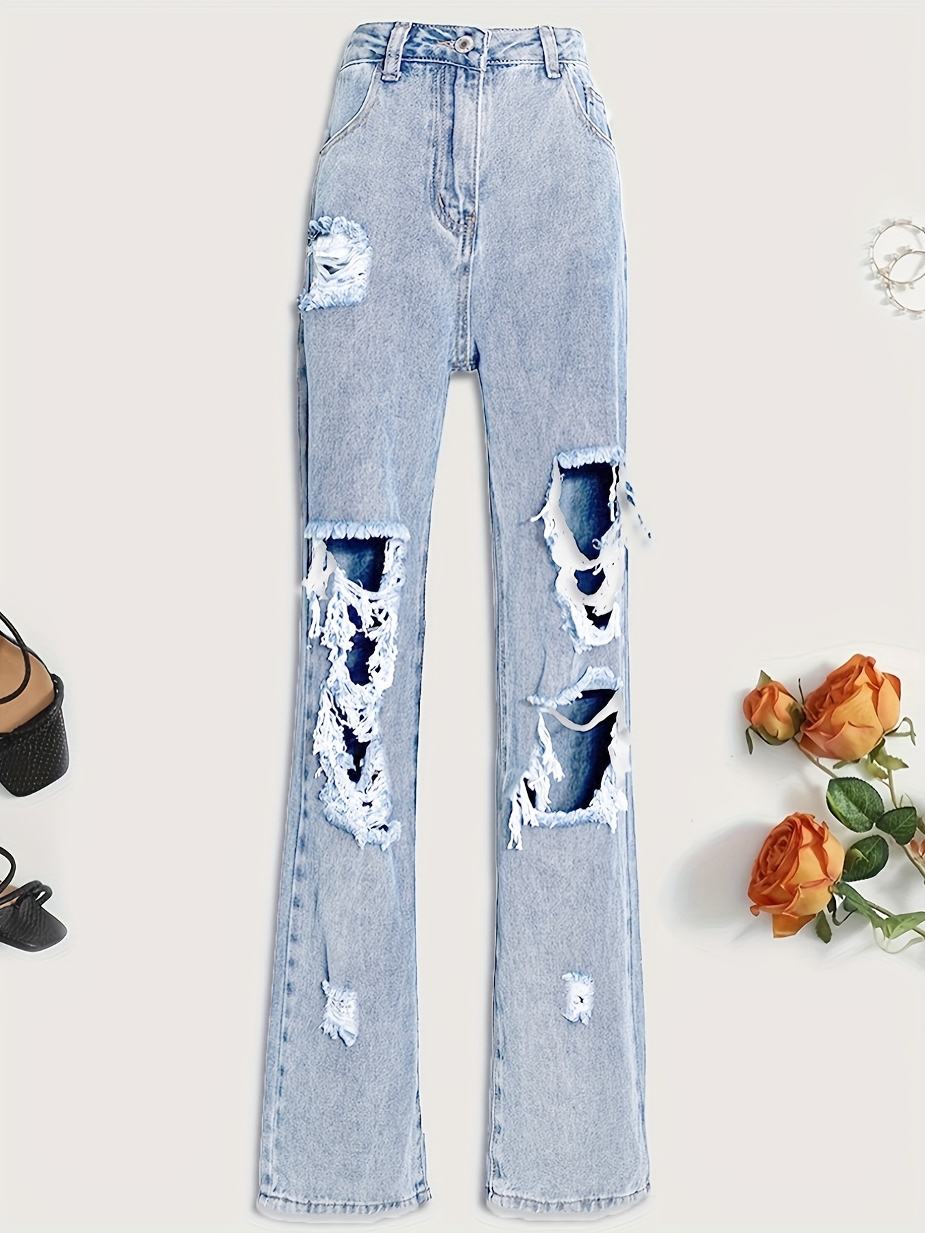 Blue Ripped Mom Jeans, pantalones de mezclilla de talle alto con cintura  alta y pierna recta con bolsillos oblicuos desgastados, jeans y ropa de  mujer