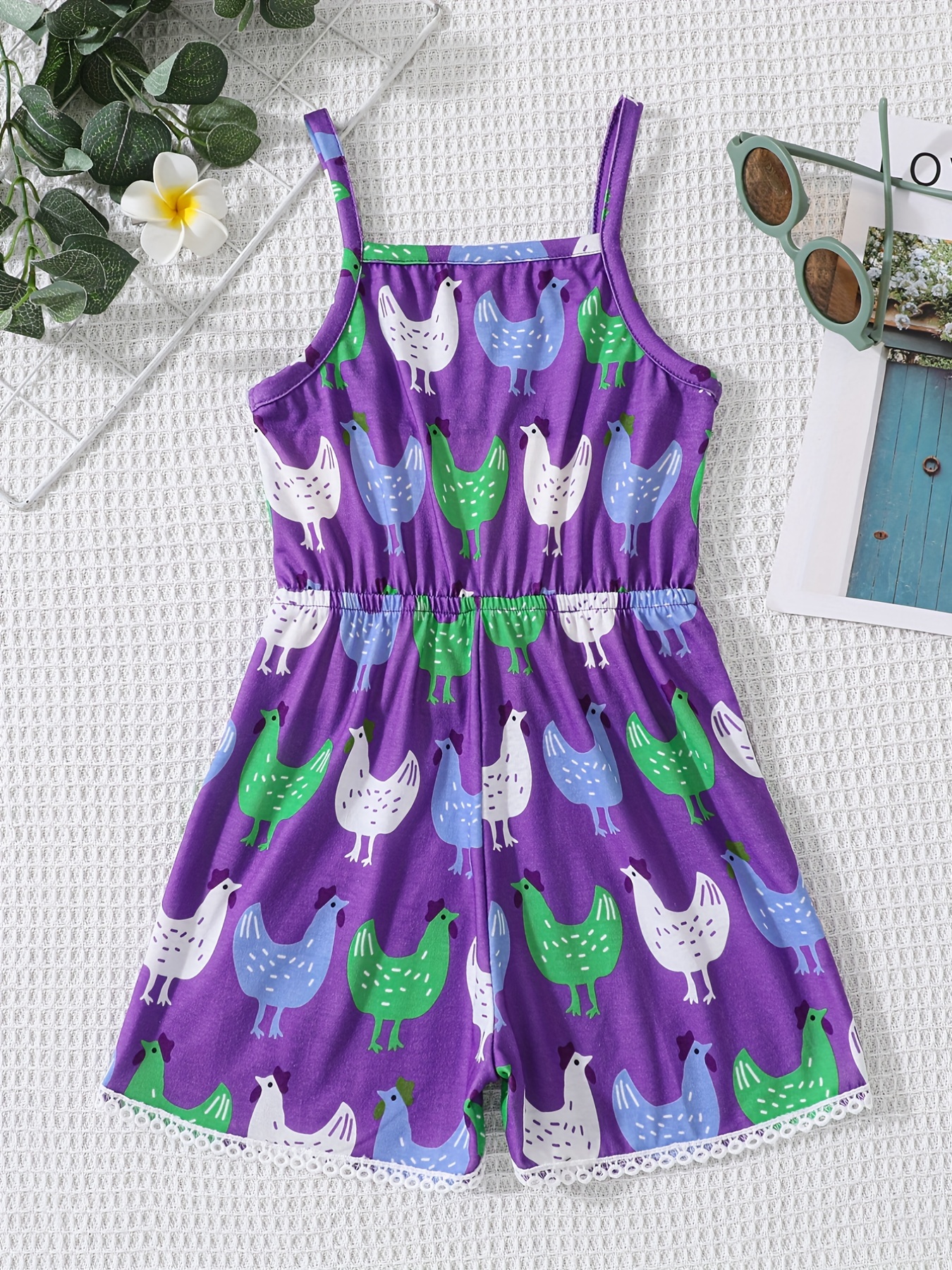 Girls' Chicken Farm Print Romper Jumpsuit