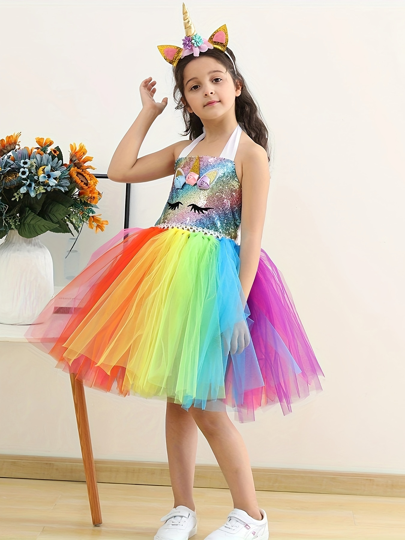 Girls Trendy Rainbow Unicorn Princess Cosplay Tutu Dress Set - Temu