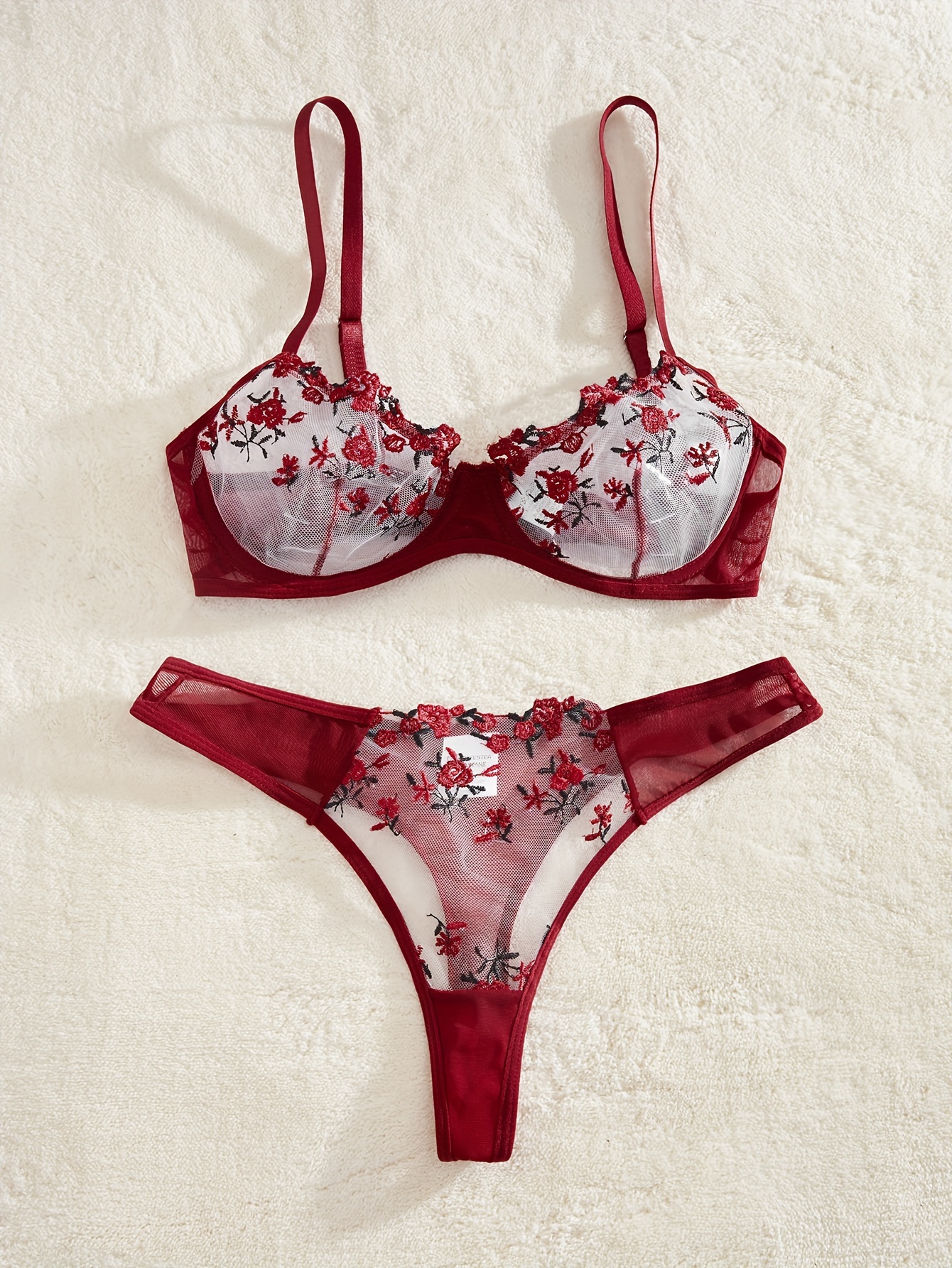 Floral Lace Matching Lingerie Set Semi Sheer Embroidered - Temu Canada
