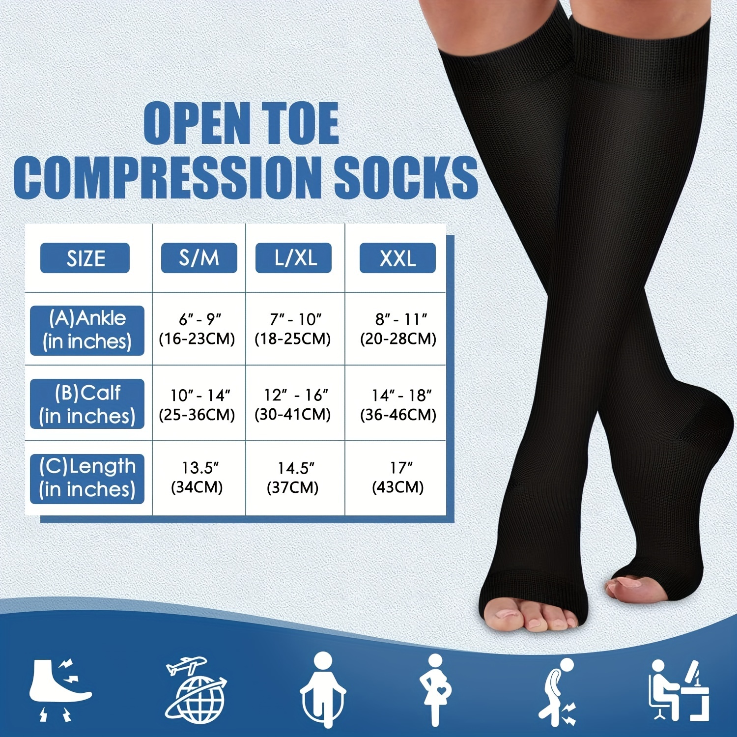 3 pares de calcetines de compresión de punta abierta para mujer, hasta la  rodilla, sin dedos de 15-25 mmHg
