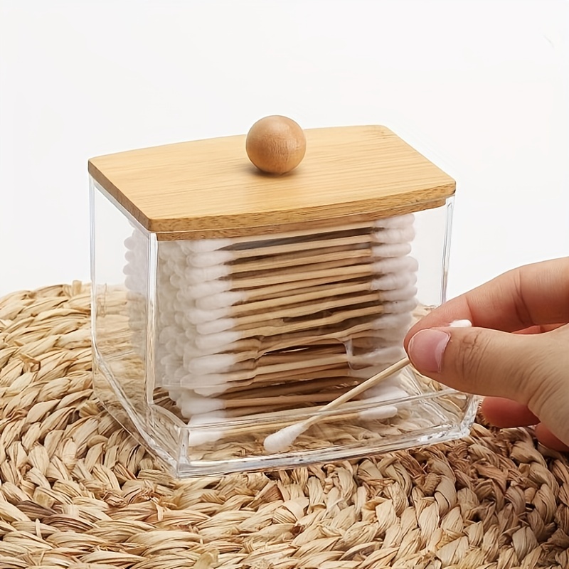 Clear Qtip Holder Storage Canister Organizer With Bamboo Lid