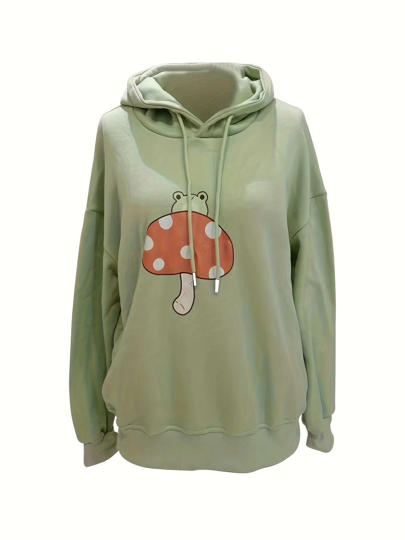 Mushroom & Frog Print Drawstring Hoodie, Casual Long Sleeve Drop Shoulder  Hoodie Sweatshirt, Women's Clothing