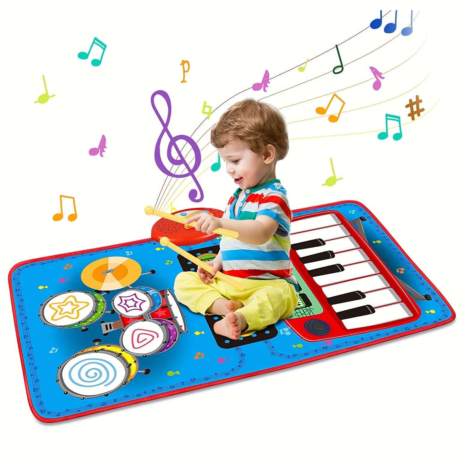 2 en 1 tapis musical pour les tout-petits 1-3 piano clavier et tapis de  batterie avec 2 bâtons, tapis de jeu musical jouets d'apprentissage pour  bébés 12-18 mois développement Toddler à