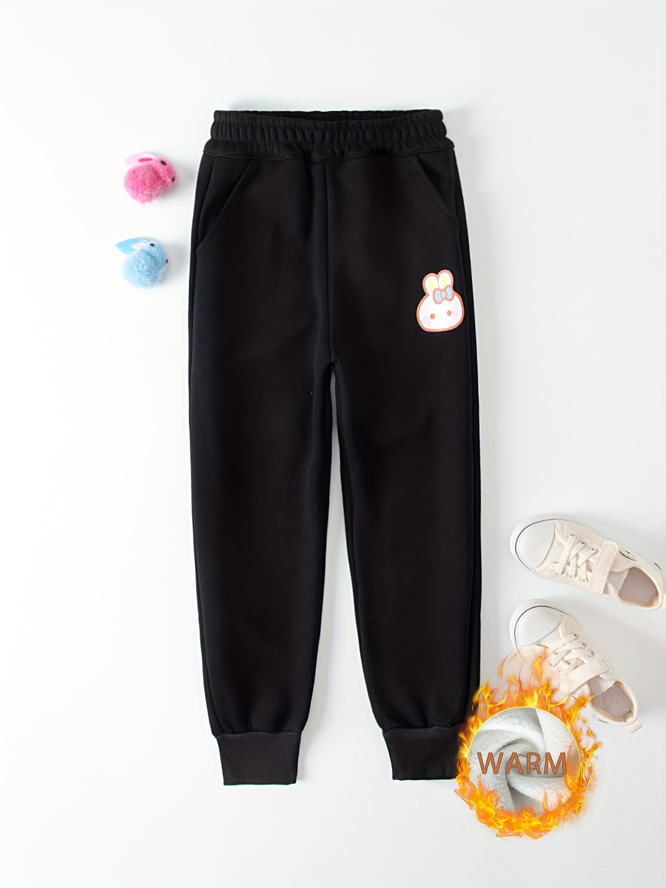 Bunny Embroidery Leggings Girls Thick Fleece Pants Fall - Temu
