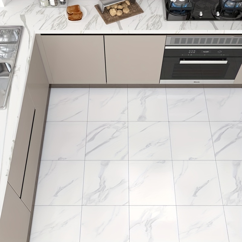 10pcs White Marble Adhesive Floor Tiles Vinyl Flooring Peel And Stick Floor Tiles For Kitchen Bathroom Living Room PVC Waterproof 7 87in 7 87in