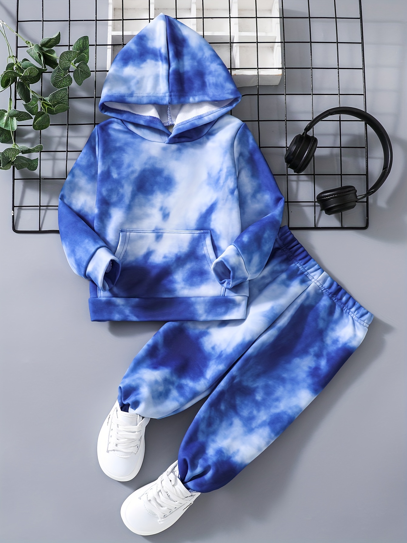 Boy's Blue White Tie dye Outfit Hoodie Sweatpants Set Casual - Temu