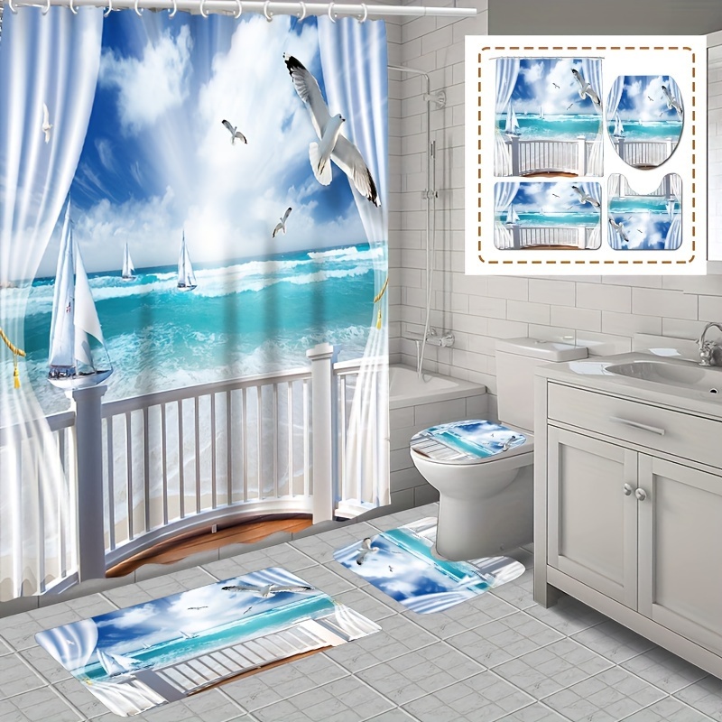  OTVEE Juego de 4 alfombras de baño de manzanilla tropical  vintage, cortina de ducha de tela impermeable con alfombras de baño  antideslizantes, tapete para tapa de inodoro, accesorios para baño 