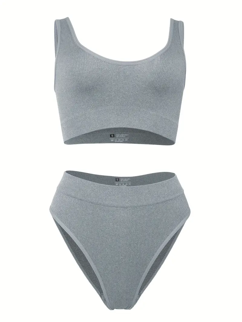 Ribbed Solid Bra & Panties, Comfy Sports Bra & Elastic Panties Lingerie  Set, Women's Lingerie & Underwear