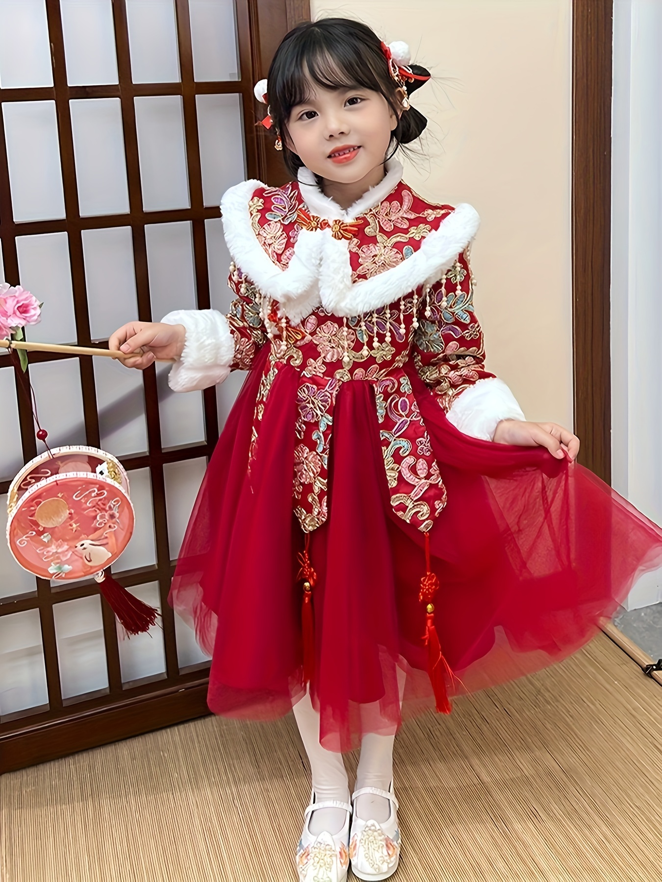 Girls Hanfu Mesh Long Sleeve Turtle Neck Dress For Chinese New