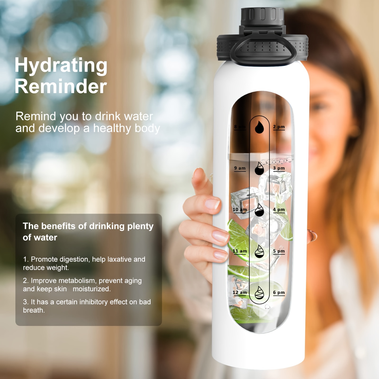 32 oz Glass Water Bottle with Time Marker Reminder and Silicone Sleeve  (WHITE)