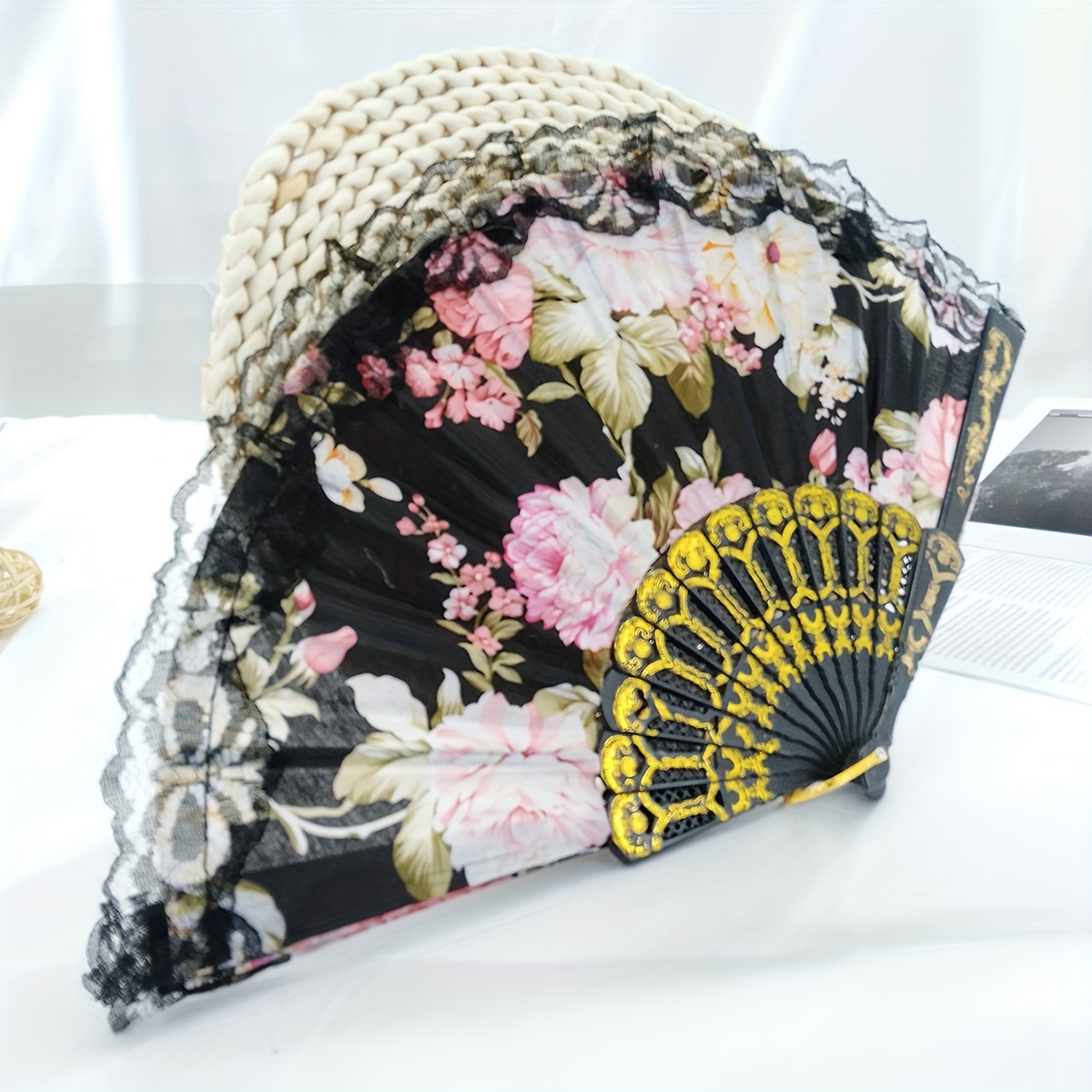 Chinese Style Floral Folding Fan with Lace for Dance Performance