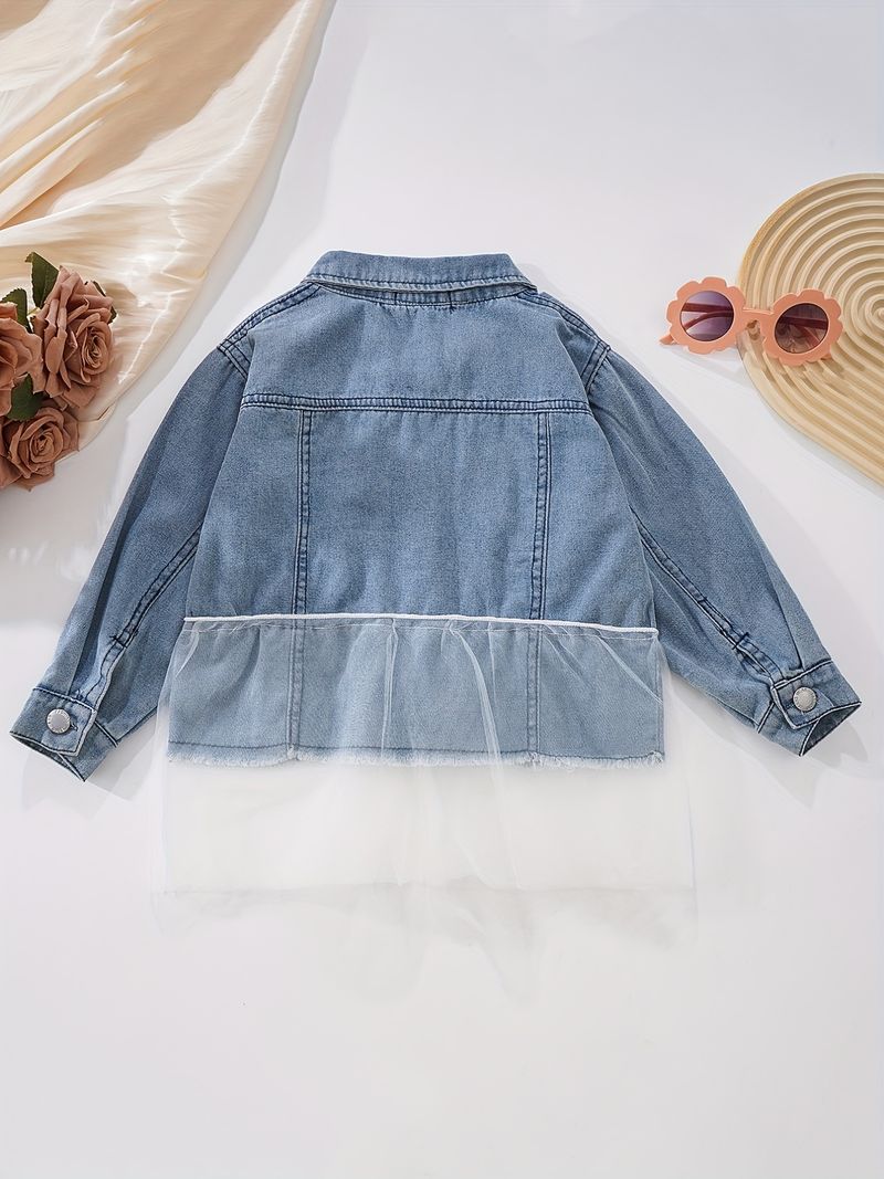 Girls Casual Collared Long Sleeve Denim Jacket With Tulle