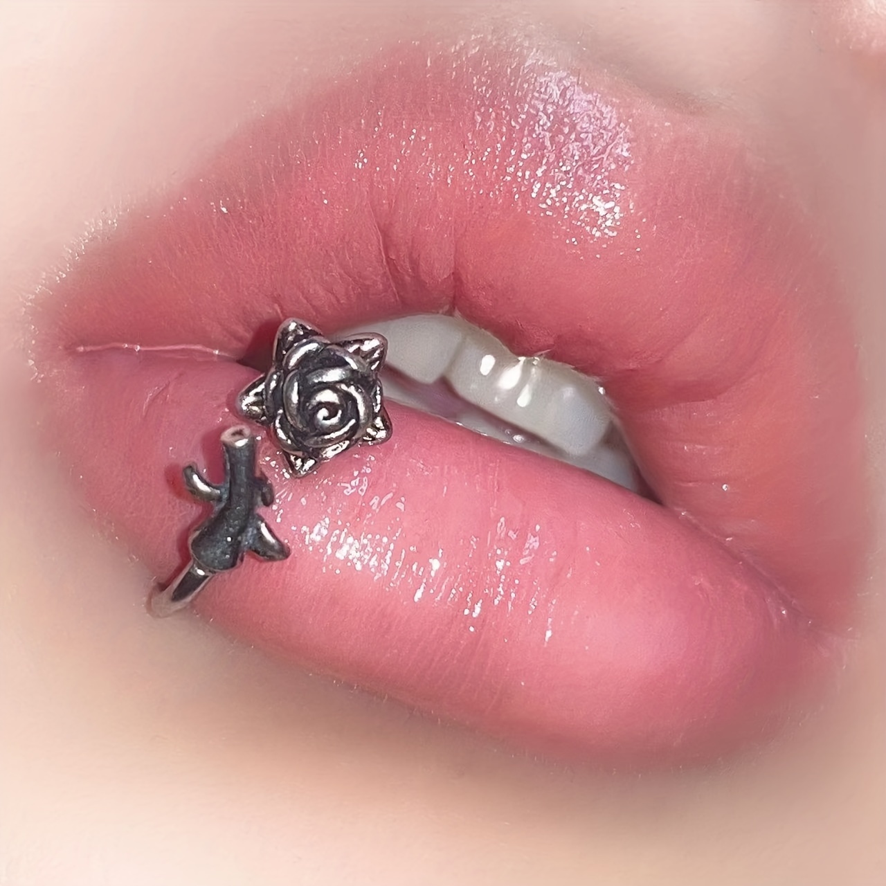 Rose Flower Branch Lip Ring