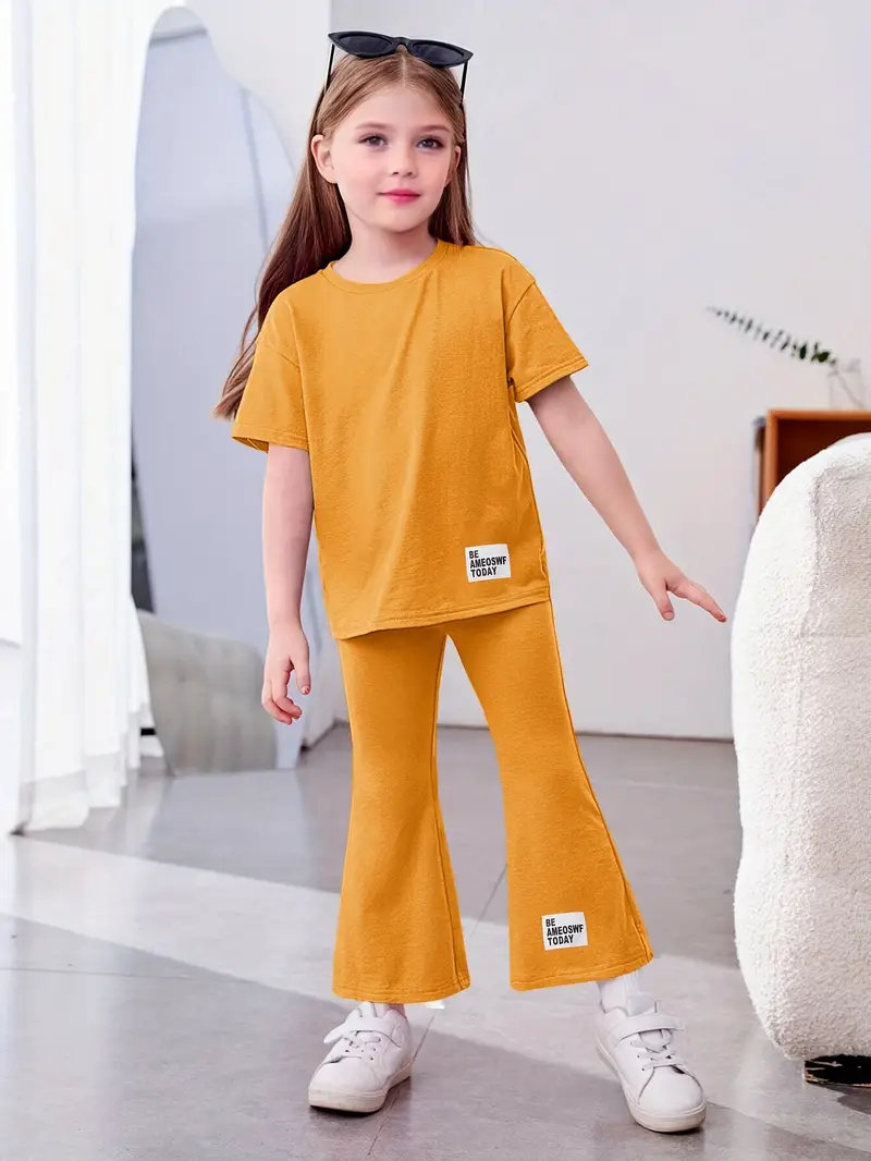 New Girls Solid Color T Shirt Flared Trousers Short Sleeve Suit Ins Style  Party Wear Custom Children Clothes Set TZ098 - AliExpress