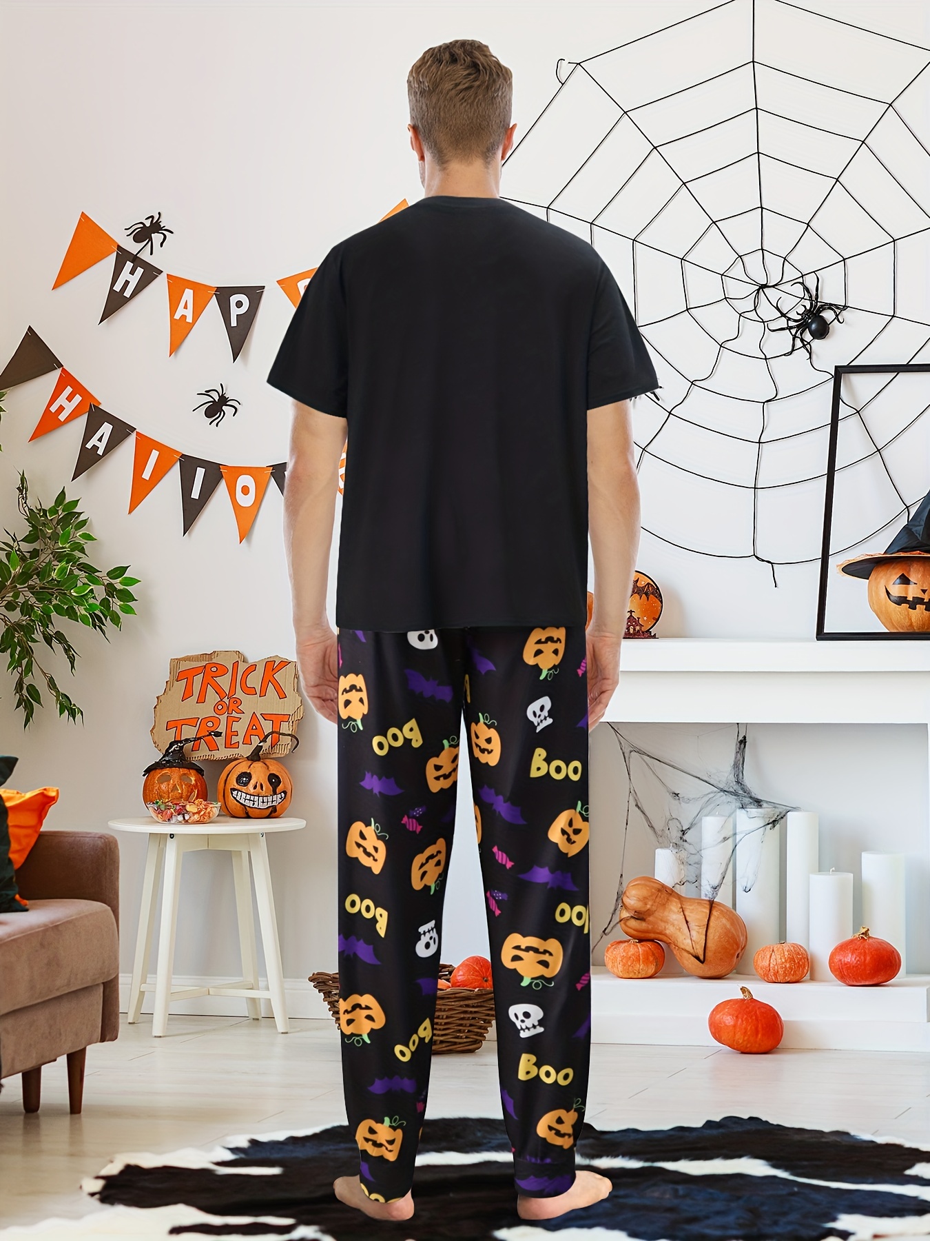Men's Trendy Casual Halloween Pajamas Sets Pumpkin Graphic - Temu