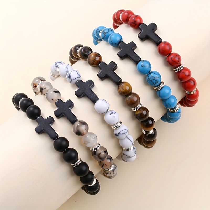 1pc Cross Beads Pendant Bracelets Natural Lava Pine Bracelet Women