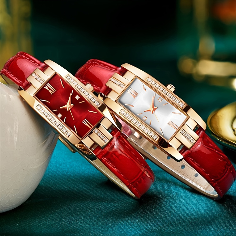 

2pcs Women's Luxury Rhinestone Quartz Watch Elegant Rectangle Pointer Analog Pu Leather Wrist Watch