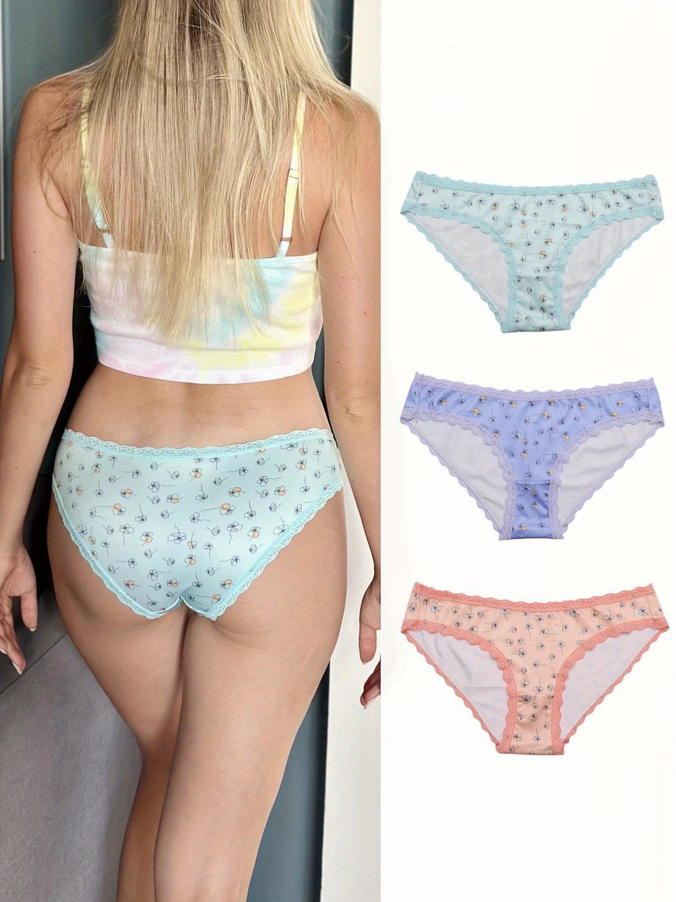 3pcs Floral Print Bikini Panties, Comfy & Cute Low Waist Lace Trim Panties,  Women's Lingerie & Underwear