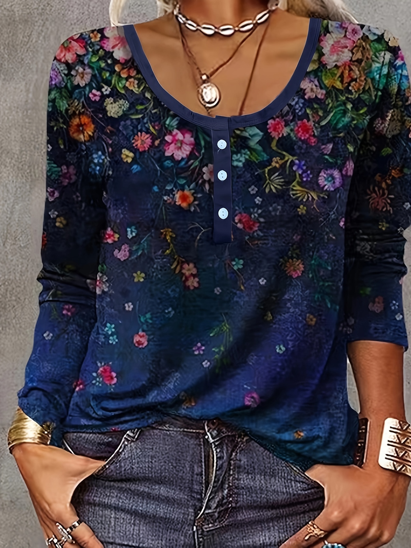 Plus Size Casual T Shirt Womens Plus Floral Print Button Temu United