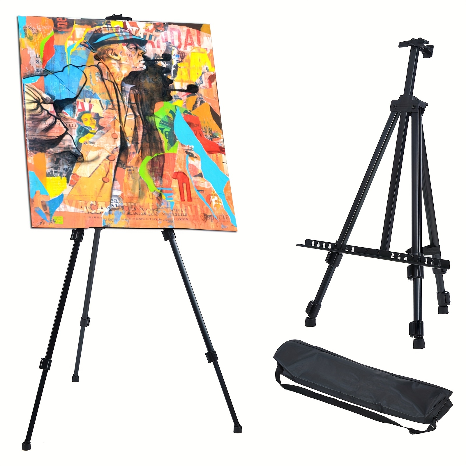 1pc Double Tier Easel Stand For Painting Canvas Art Easel For Table Top /  Floor 22 To 66 Adjustable Aluminum Easel With Portable Bag Black