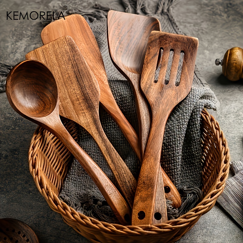 Juego de utensilios de madera para cocinar, juego de utensilios de madera  de teca, espátula de madera para utensilios de cocina antiadherentes, juego