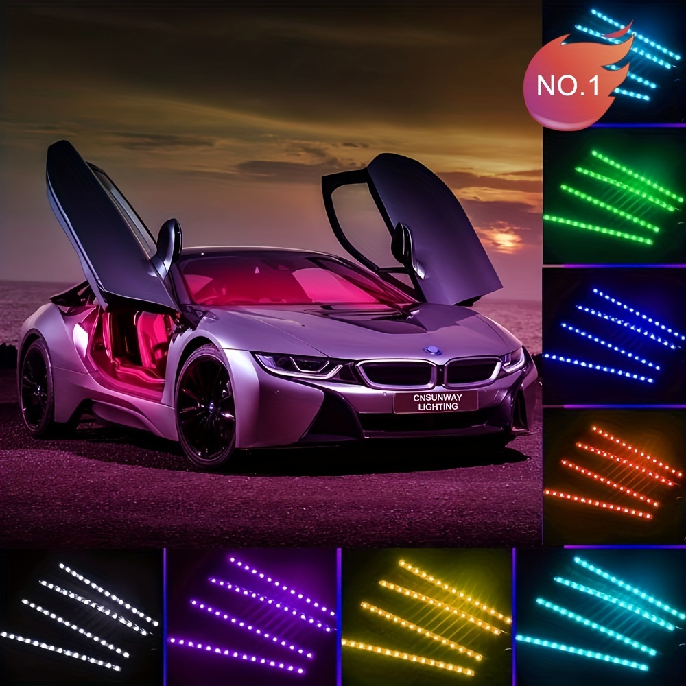 4pcs lumières de voiture à LED, 48 lumières intérieures à LED avec barres  de lumières de contrôle à distance d'application intelligente, lumière de  bande de voiture de musique multicolore sous l'éclairage du