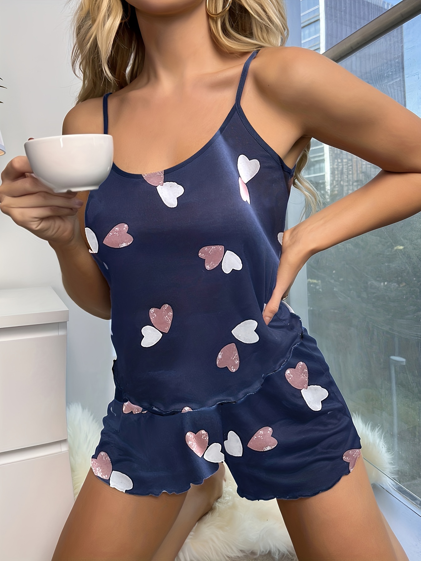 Heart Print Pajama Set Cute Cami Crop Top Lettuce Trim - Temu Canada