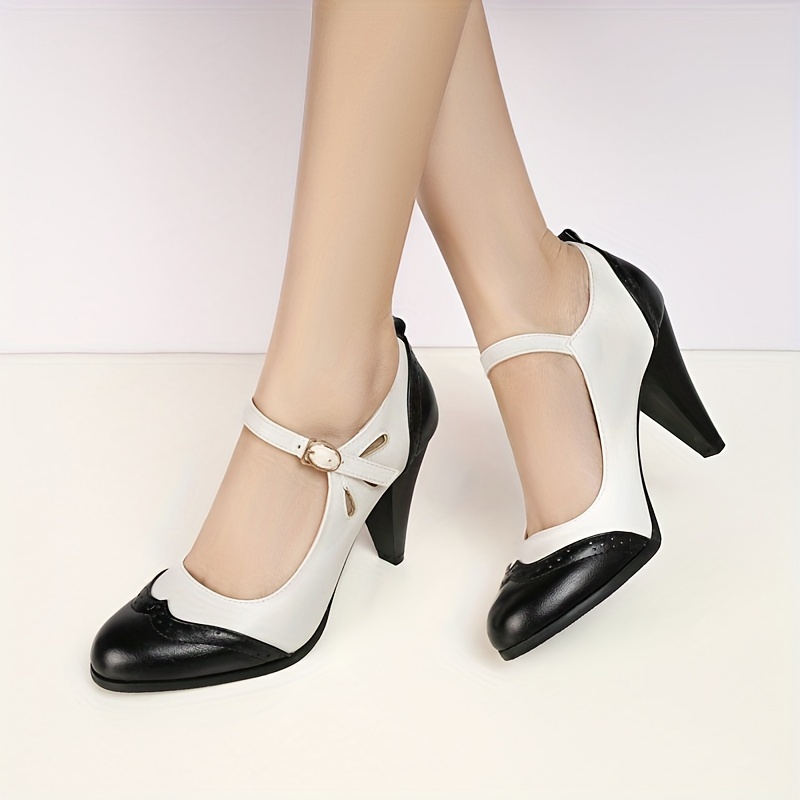Women's Contrast Color High Heels, Fashion Buckle Strap Dress Pumps, Women's Stylish Heels